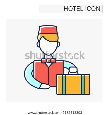 Bellboy color icon. Worker in hotel hall. Person employed to carry suitcases, open doors for guests. Services to help guests. Hotel concept. Isolated vector illustration