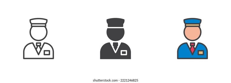 Bellboy, doorman different style icon set. Line, glyph and filled outline colorful version, outline and filled vector sign. Symbol, logo illustration. Vector graphics