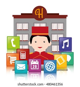 Bellboy and hotel apps icon set. Service technology media and digital theme. Colorful design. Vector illustration