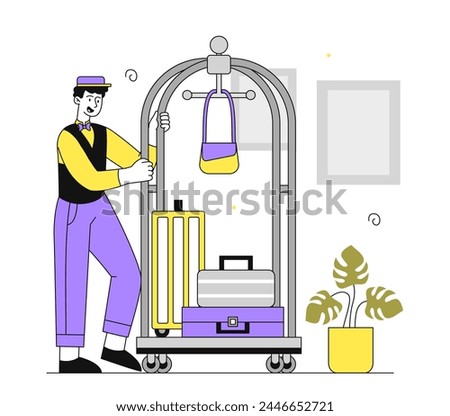 Bellboy with luggage linear. Man with baggage, hotel staff or worker. Travels, tourism and vacation. Service staff indoors. Simple flat vector illustration isolated on white background