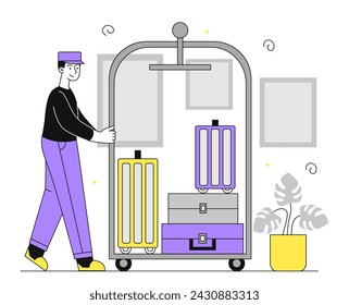 Bellboy con maletas lineales. Hombre con equipaje. Personal de servicio del hotel. Vacaciones y vacaciones. Afiche o banner para el sitio web. Ilustración plana simple del vector aislada en el fondo blanco