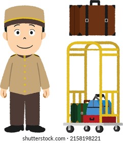 Bellboy man and suitcase working at a hotel