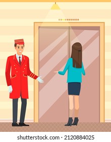 Bellboy Near Modern Elevator, Door To Cabin Of Lift. Hotel Employee Opening Door Of Lift To Female Visitor. Young Man In Uniform Working As Porter. Doorman And Woman Standing Next To Elevator