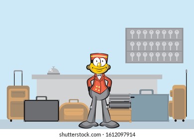 Bellboy at the reception of the hotel next to the luggage of the tourists. Vector illustration in cartoon style. Available in EPS 10.