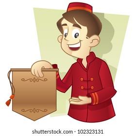 Bellboy in red uniform showing a hotel promotion. blank sign for copy space.