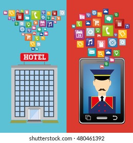 bellboy smartphone and hotel building with apps icon set. Service technology media and digital theme. Colorful design. Vector illustration