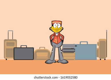 Bellboy stand with hands behind back in front of luggage. Conceptual image about the hospitality industry. Vector illustration in comic style, available in EPS 10.