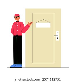 Bellboy Standing Near Hotel Room Door In Flat Vector Illustration Symbolizing Hospitality, Guest Services, And Accommodation, Isolated On White Background.