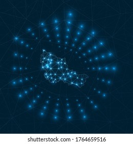 Mapa digital de Belle Ile. Rayos brillantes irradiando desde la isla. Conexiones de red y diseño de telecomunicaciones. Ilustración vectorial.