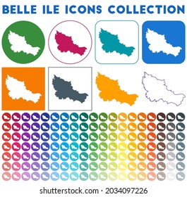 Belle Ile icons collection. Bright colourful trendy map icons. Modern Belle Ile badge with island map. Vector illustration.