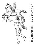 Bellerophon and Pegasus, a horse with wings, flying and Bellerophon is holding his bridle, vintage line drawing or engraving illustration.