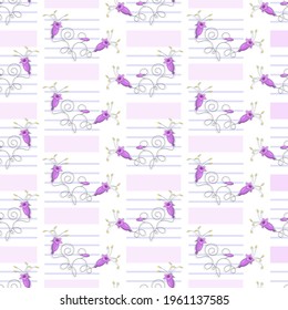 Bellflower background. Vector Campanula flowers. Seamless pattern with geometric elements. Purple bell wild flowers on stems. Design for textiles. Flower design Vector illustration