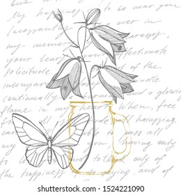 Bellflower blossoms, leaves and bouquets set. Natural summer, spring meadow plants monochrome. Floral natural illustration for poster, textile decoration. Botanical plant illustration. Handwritten