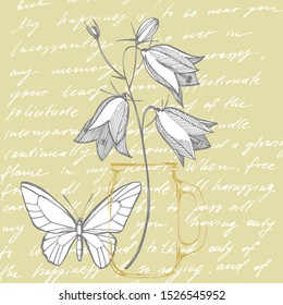 Bellflower blossoms, leaves and bouquets set. Natural summer, spring meadow plants monochrome. Floral natural illustration for poster, textile decoration. Botanical plant illustration. Handwritten