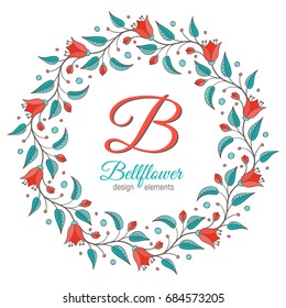 Bellflower design element. Floral wreath frame. Monogram letter B inside. Perfect for wedding invitation design. Vector illustration.