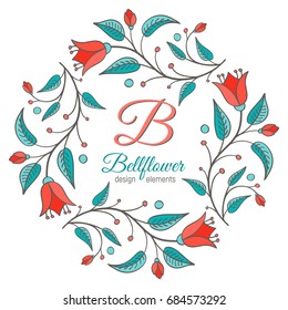 Bellflower design element. Floral wreath frame. Monogram letter B inside. Perfect for wedding invitation design. Vector illustration.