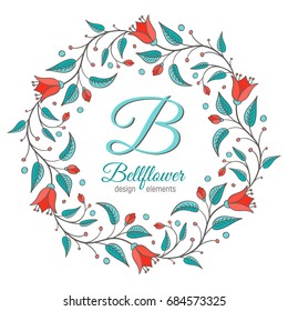 Bellflower design element. Floral wreath frame. Monogram letter B inside. Perfect for wedding invitation design. Vector illustration.