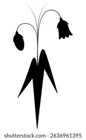 Bellflower flower. Silhouette. Delicate flower buds and large leaves. Vector illustration. Blooming plant. Isolated white background. Idea for web design, invitation, postcard.