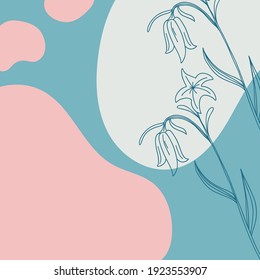 Bellflower minimal background. Hand drawn line wild flower and abstract blob shapes, herbal and meadow plant, floral template for social media posts, vector botanical illustration pink, blue colors