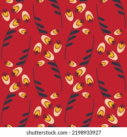 Blume auf rotem Hintergrund, nahtloses Muster für das Design von Textilien und Umschlagpapier, Vektorgrafik