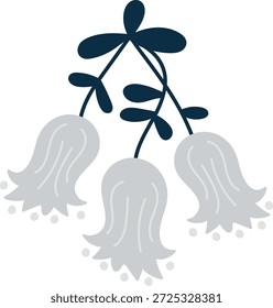 Bellflower trio drooping on stem with leaves, clean shapes and soft curves. Symbol of elegance, purity, calm, and nature harmony. Cartoon vector illustration.