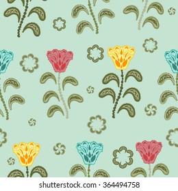 Bellflowers seamless pattern. Vintage background. Vector illustration with blue, yellow and pink flowers. 