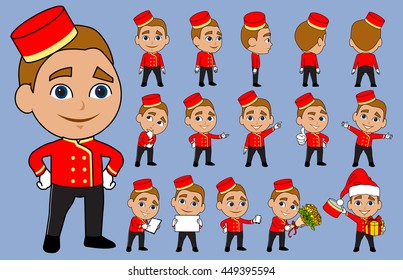 Bellhop bellboy bellman concierge vector cartoon character cute boy male using hat and uniform in several poses including rotate 180 - all body parts and objects isolated