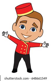 Bellhop bellboy bellman concierge vector cartoon character cute boy male using hat and uniform with arms wide open 
