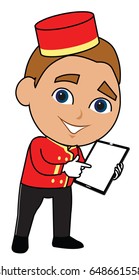 Bellhop bellboy bellman concierge vector cartoon character cute boy male using hat and uniform showing a tablet with blank screen