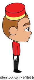 Bellhop bellboy bellman concierge vector cartoon character cute boy male using hat and uniform side view