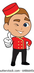 Bellhop bellboy bellman concierge vector cartoon character cute boy male using hat and uniform thumbs up positive guy