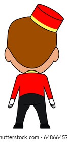 Bellhop bellboy bellman concierge vector cartoon character cute boy male using hat and uniform back view