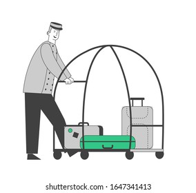 Bellhop, Bellboy or Bellman Pushing Luggage Cart with Suitcases, Hotel Staff in Uniform Isolated on White Background. Meeting Guest Hospitality Service. Cartoon Flat Vector Illustration, Line Art