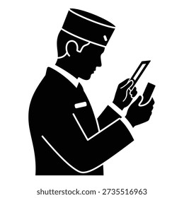 Bellhop using smartphone, modern uniform, silhouette, technology