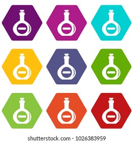 Bellied bottle icon set many color hexahedron isolated on white vector illustration