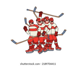 The  belligerent five hockey players. Ice knights. Color vector illustration with contour lines in black ink, isolated on a white background in cartoon style.