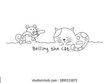 Belling the Cat Fable vector illustration for story book. Aesop's fable illustration. Cute illustration cartoon for fairy tale story and book. 