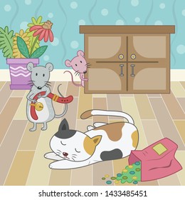 Belling The Cat Story Vector Illustration. Mouse Trying To Bell The Cat Cartoon. Mouse And Cat Vector Cartoon. 