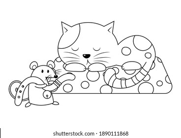 Belling the Cat vector illustration for story book. Aesop's fable illustration. Cute illustration cartoon for fairy tale story and book.