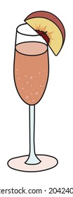 Bellini classic cocktail in flute glass. A sparkling wine and juice based drink garnished a slice of peach. Stylish hand-drawn doodle cartoon hipster style vector illustration.