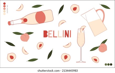 Bellini cocktail colored vector illustrations set. Peach color palette. Pink, green. Simple lines, minimal style. Stylized elements. Fruit and leaves.