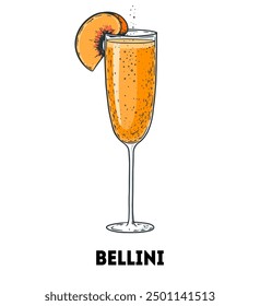 Bellini cocktail illustration. Hand drawn sketch. Vector illustration. Isolated object.