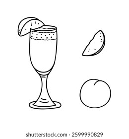 Bellini cocktail and Peach whole fruit and slice. Summer alcoholic Drink with Prosecco and Peach nectar. Hand drawn Black and White Vector illustration in Doodle style isolated on background. For
