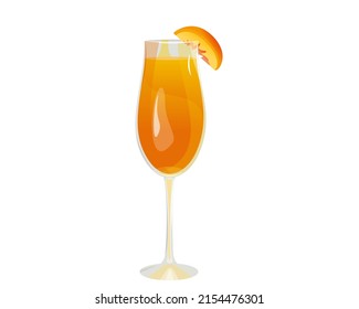 Bellini cocktail. Refreshing summer alcoholic drink with a slice of peach. A cocktail of champagne or prosecco and peach nectar. Vector illustration.