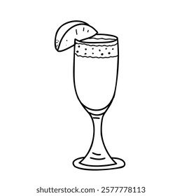 Bellini cocktail. Summer alcoholic Drink with Prosecco and Peach nectar with a piece of Peach. Hand drawn Black and White Vector illustration in Doodle style isolated on background. For Beach Bar menu