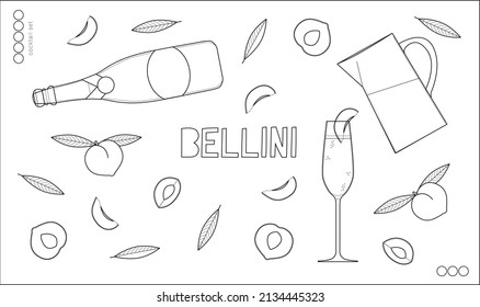 Bellini cocktail vector illustrations set. Simple lines, outline. Minimal style. Stylized elements. Fruit and leaves.