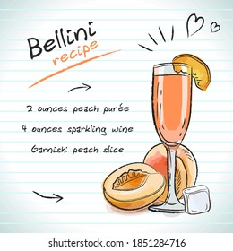 Bellini cocktail, vector sketch hand drawn illustration, fresh summer alcoholic drink with recipe and fruits