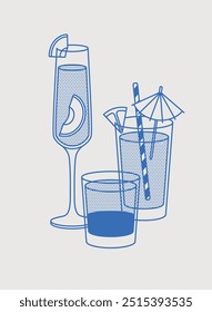 Bellini, Long Island iced tea, and black russian cocktails. Line art, retro. Vector illustration for bars, cafes, and restaurants.