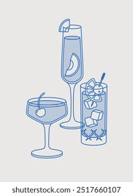 Bellini, Manhattan, and Tom Collins cocktails. Line art, retro. Vector illustration for bars, cafes, and restaurants.