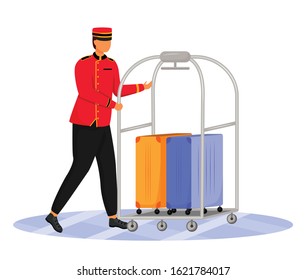 Bellman flat color vector illustration. Hotel clerk carrying baggage. Porter in uniform. Service staff with luggage cart and suitcases isolated cartoon character on white background